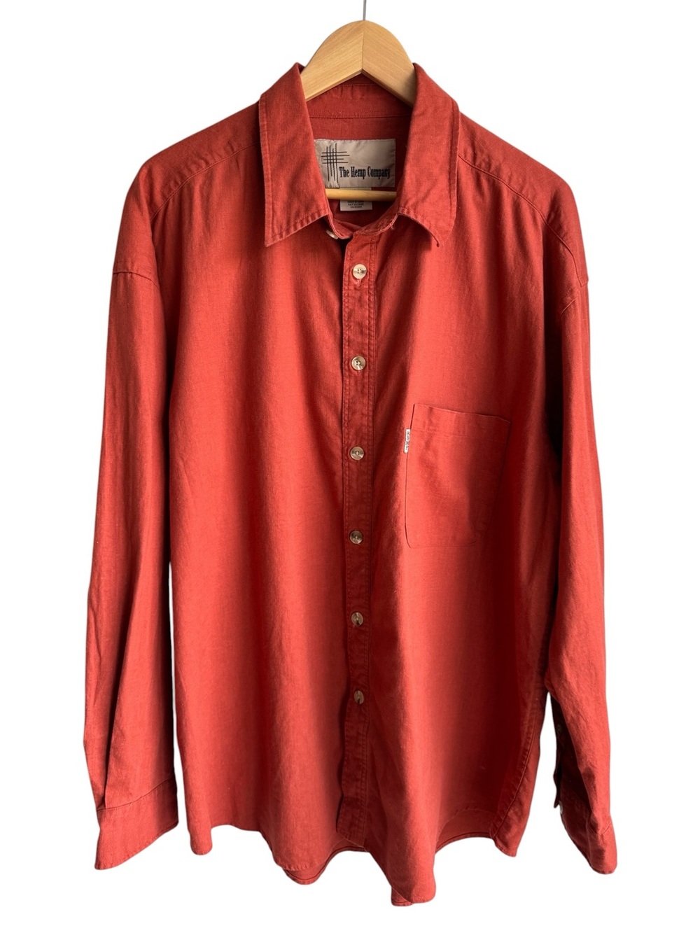 The Hemp Company Button Down Shirt Mens L Burnt Orange Long Sleeve Casual EUC